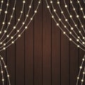 Beautiful Warm White String Light Curtain on Dark Brown Wood Texture