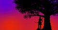 Beautiful warrior girl standing under a tree during sunset time orange-purple background Royalty Free Stock Photo