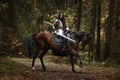 A beautiful warrior girl with a sword wearing chainmail and armor riding a horse in a mysterious forest. Royalty Free Stock Photo