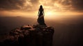 Beautiful warrior princess goddess. Strength and femininity. Concept art of silhouette of woman overlooking a valley.