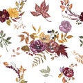 Colorful autumn floral seamless pattern on white background. Watercolor red, burgundy, purple flowers, dry orange leaves, foliage Royalty Free Stock Photo