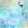 Beautiful Watercolor Background with Splatters , rainbow, clear sky and flying hot ballons Royalty Free Stock Photo