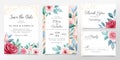 Beautiful watercolor botanic wedding invitation card template set with flowers decoration. Floral illustration background of peach Royalty Free Stock Photo
