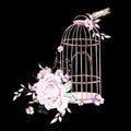 Beautiful watercolor bouquet with birds and flowers and bird cage. Illustration Royalty Free Stock Photo