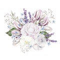 Beautiful watercolor bouquet with roses flowers, gypsophila, lavender and eucalyptus leaves. Royalty Free Stock Photo