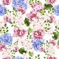 Beautiful watercolor bright pattern with peony, hudrangea and spring flowers. Royalty Free Stock Photo