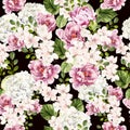 Beautiful watercolor bright pattern with peony, hudrangea and spring flowers. Royalty Free Stock Photo