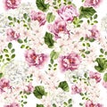 Beautiful watercolor bright pattern with peony, hudrangea and spring flowers. Royalty Free Stock Photo