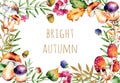 Beautiful watercolor card with text Bright Autumn: autumn