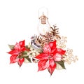 Beautiful watercolor Christmas bouquet with christmas lapm and poinsettia, leaves and berries.