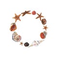 Beautiful watercolor circle wreath with colorful sea shells and stars for decorative design. Artistic backdrop Royalty Free Stock Photo