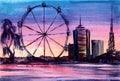 Beautiful watercolor city landscape. Outlines of high Ferris wheel, tall buildings and weeping willow hanging over calm