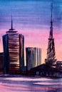 Beautiful watercolor city landscape on sea shore. Dark outlines of skyscrapers, tower and small buildings against