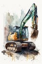 Beautiful watercolor colorful building car excavator yellow for print design. Watercolor on white background. Vintage