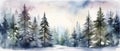 Beautiful watercolor coniferous forest illustration, Christmas fir trees, winter nature, holiday background Royalty Free Stock Photo