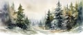 Beautiful watercolor coniferous forest illustration, Christmas fir trees, winter nature, holiday background Royalty Free Stock Photo