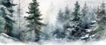 Beautiful watercolor coniferous forest illustration, Christmas fir trees, winter nature, holiday background Royalty Free Stock Photo