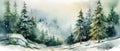 Beautiful watercolor coniferous forest illustration, Christmas fir trees, winter nature, holiday background Royalty Free Stock Photo