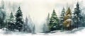 Beautiful watercolor coniferous forest illustration, Christmas fir trees, winter nature, holiday background Royalty Free Stock Photo