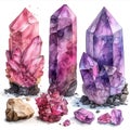 Beautiful watercolor crystals. Purple jewel watercolor gemstones, magical amethyst stones, hand drawn glass polygons illustration Royalty Free Stock Photo