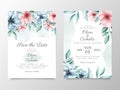 Beautiful watercolor flowers wedding invitation card template set. Floral illustration background of peach and red botanic for Royalty Free Stock Photo