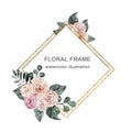 Beautiful watercolor frame with pink flowers, postcard template, Valentine`s day, Mother`s day. Royalty Free Stock Photo