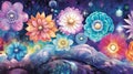 Beautiful watercolor galaxy background with cosmic flowers. Watercolor magical painting. AI illustration. For design of Royalty Free Stock Photo