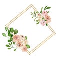 Beautiful watercolor gold frame with pink flowers, postcard template, Valentine`s day, Mother`s day Royalty Free Stock Photo