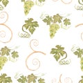 Beautiful watercolor hand drawn seamless green and yellow pattern with grapes branches and leaves.  Isolated on white background. Royalty Free Stock Photo