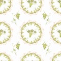 Beautiful watercolor hand drawn seamless green and yellow pattern with grapes branches and leaves.  Isolated on white background. Royalty Free Stock Photo