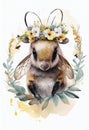 Beautiful watercolor honeybee baby portrait, great design with flowers crown. Cute wildlife animal cartoon drawing