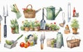 Beautiful watercolor illustration capturing the essence of gardening, featuring a delightful array of tools and Royalty Free Stock Photo