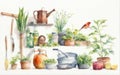 Beautiful watercolor illustration capturing the essence of gardening, featuring a delightful array of tools and Royalty Free Stock Photo