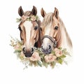 Beautiful watercolor illustration of couple horses in love with flowers. Great in the design of printing, textiles Royalty Free Stock Photo