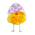 Beautiful watercolor illustration of a Easter chick with a peace of colorfull egg separeted on the white background