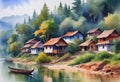 Beautiful watercolor of Indian village, houses against green forest background, watercolor painting for home, wall mural, Royalty Free Stock Photo