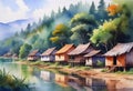 Beautiful watercolor of Indian village, houses against green forest background, watercolor painting for home, wall mural, Royalty Free Stock Photo