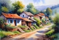 Beautiful watercolor of Indian village, houses against green forest background, watercolor painting for home, wall mural, Royalty Free Stock Photo