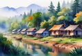 Beautiful watercolor of Indian village, houses against green forest background, watercolor painting for home, wall mural, Royalty Free Stock Photo