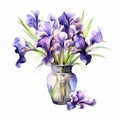 Beautiful Watercolor Iris Bouquet In Vase - Purple And Violet Irises