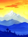 Beautiful watercolor landscape of blue mountain ranges on background of sunset fiery sky with brush stroke clouds. Vague