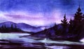 Beautiful watercolor landscape of dark forested coast of calm lake and distant silhouettes of high mountains against blue twilight