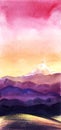 Beautiful watercolor landscape illustration of mountain chain at sunset. Soft rainbow sky of pastel shades and gradient purple