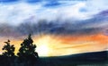 Beautiful watercolor landscape of sunset. Dark silhouettes of two high coniferous trees against amazing colorful sky with massive