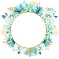 Beautiful Watercolor mint flowers frame. Mint gold wedding invites template