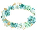 Beautiful Watercolor mint flowers frame. Mint gold flower frame!