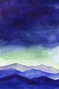 Beautiful watercolor mountain landscape in blue shades. Gloomy dark cloudscape above layered blurred silhouettes of mountains.