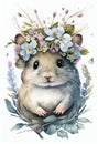 Beautiful watercolor mouse baby portrait, great design with flowers crown. Cute wildlife animal cartoon drawing Poster Royalty Free Stock Photo