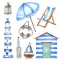Beautiful Watercolor nautical set. Include lighthouse, anchor, corals, seaweed, whale, shells, steering-wheel and buoy Royalty Free Stock Photo