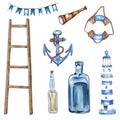 Beautiful Watercolor nautical set. Include lighthouse, anchor, corals, seaweed, whale, shells, steering-wheel and buoy Royalty Free Stock Photo